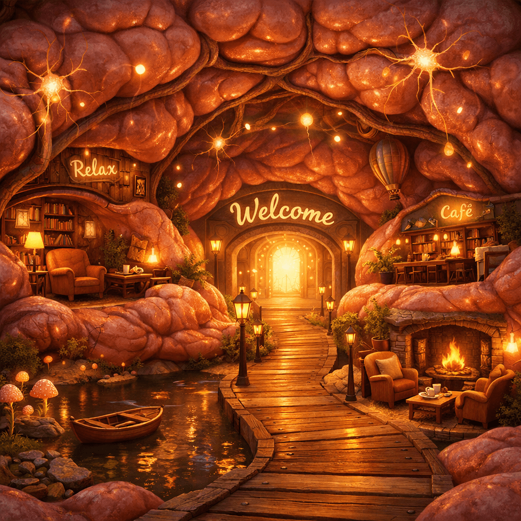 Cozy cave interior with wooden walkway, seating areas, fireplace, café, and 'Welcome' and 'Relax' signs